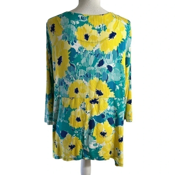 Ruby Rd Tunic Blouse Large Sharkbite Hem Floral Blue Yellow 3/4 Sleeves Stretch - Picture 3 of 5